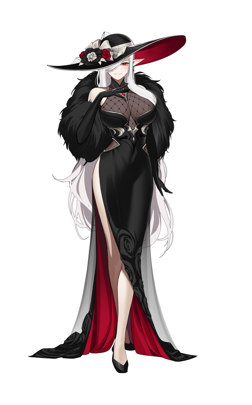 1girl, absurdres, arm_at_side, bare_shoulders, black_dress, black_footwear, black_gloves, black_headwear, breast_suppress, breasts, closed_mouth, crossed_legs, dress, earrings, elbow_gloves, fishnets, flower, full_body, fur_shawl, fur_trim, glint, gloves, hair_over_breasts, hair_over_one_eye, hat, hat_flower, hat_ribbon, highres, jewelry, large_breasts, long_hair, manamachii, one_eye_covered, panilla_the_revival, pointy_ears, red_eyes, red_flower, red_rose, ribbon, rose, shawl, shoes, side_slit, simple_background, sleeveless, sleeveless_dress, smile, solo, standing, sun_hat, two-sided_fabric, two-sided_headwear, two-sided_skirt, veil, very_long_hair, watson_cross, white_background, white_hair, white_ribbon