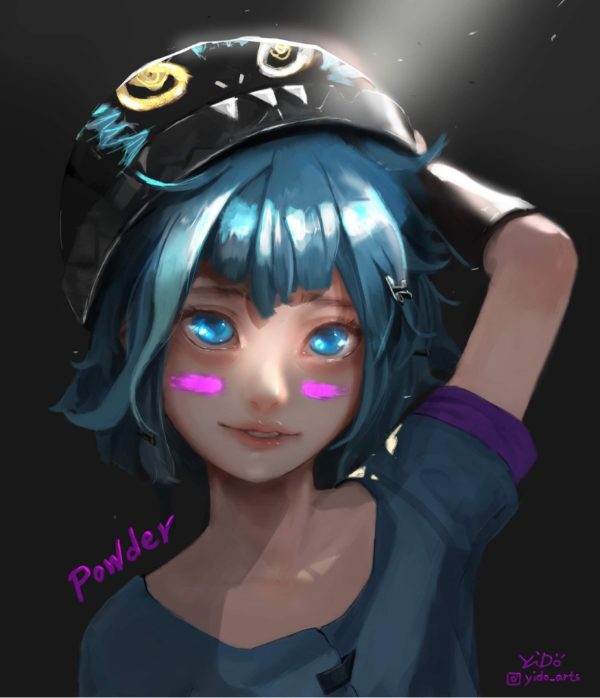 1girl, arcane:_league_of_legends, arm_up, artist_name, bangs, black_headwear, character_name, child, collarbone, facepaint, gradient, gradient_background, green_eyes, green_shirt, hair_ornament, hairclip, hat, highres, jinx_(league_of_legends), league_of_legends, messy_hair, parted_lips, portrait, powder_(arcane), shiny, shiny_hair, shirt, short_hair, smile, solo, teeth, yido_(yidoarts)