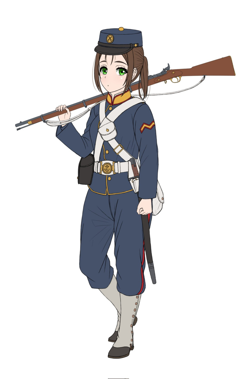 1girl, full_body, gun, hat, highres, imperial_japanese_navy, load_bearing_equipment, military