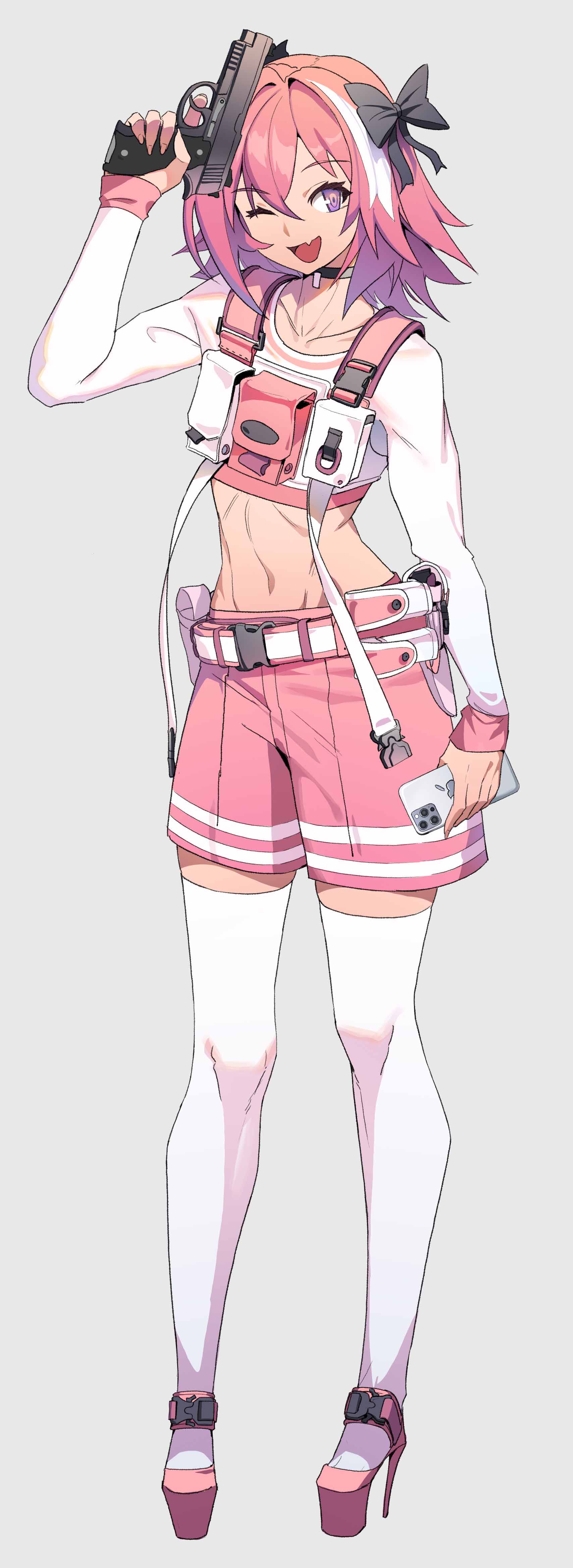 1boy, absurdres, alternate_costume, astolfo_(fate), black_bow, bow, braid, cacaco, cellphone, fang, fate/apocrypha, fate/grand_order, fate_(series), full_body, grey_background, gun, hair_bow, hair_intakes, happy, high_heels, highres, holding, holding_gun, holding_phone, holding_weapon, iphone, long_hair, looking_at_viewer, male_focus, multicolored_hair, one_eye_closed, open_mouth, otoko_no_ko, phone, pink_eyes, pink_hair, shorts, simple_background, skin_fang, smartphone, smile, solo, streaked_hair, thigh-highs, weapon, white_legwear