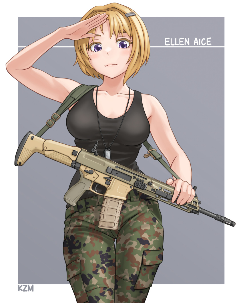 1girl, bangs, blush, border, camouflage, camouflage_pants, character_name, collarbone, ellen_aice, eyebrows_behind_hair, grey_background, gun, highres, holding, holding_gun, holding_weapon, looking_at_viewer, medium_hair, muvluv, muvluv_alternative, muvluv_unlimited:_the_day_after, pants, salute, shirt_tucked_in, short_hair, smile, solo, tank_top, waruzamurai, weapon, white_border