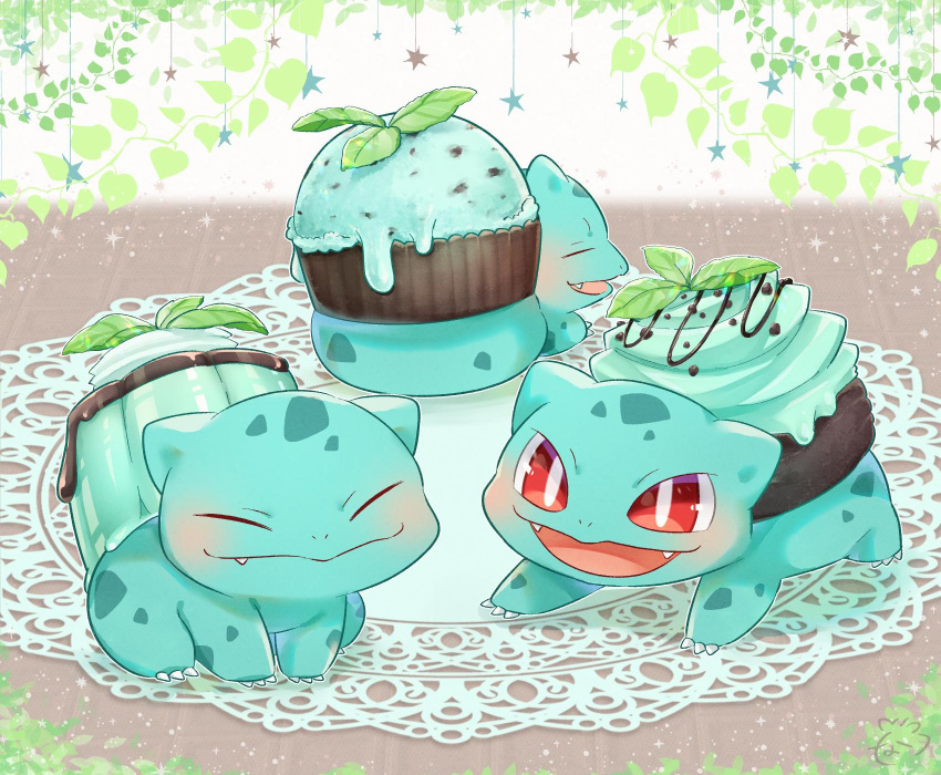 :d, blush, bulbasaur, claws, closed_eyes, commentary_request, cupcake, day