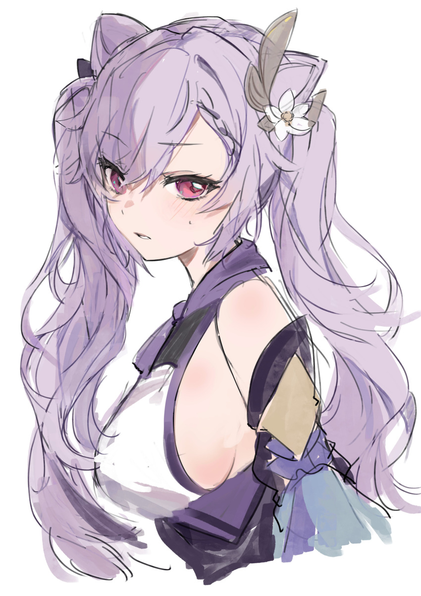 1girl, absurdres, asymmetrical_hair, blush, braid, breasts, cropped_torso, detached_sleeves