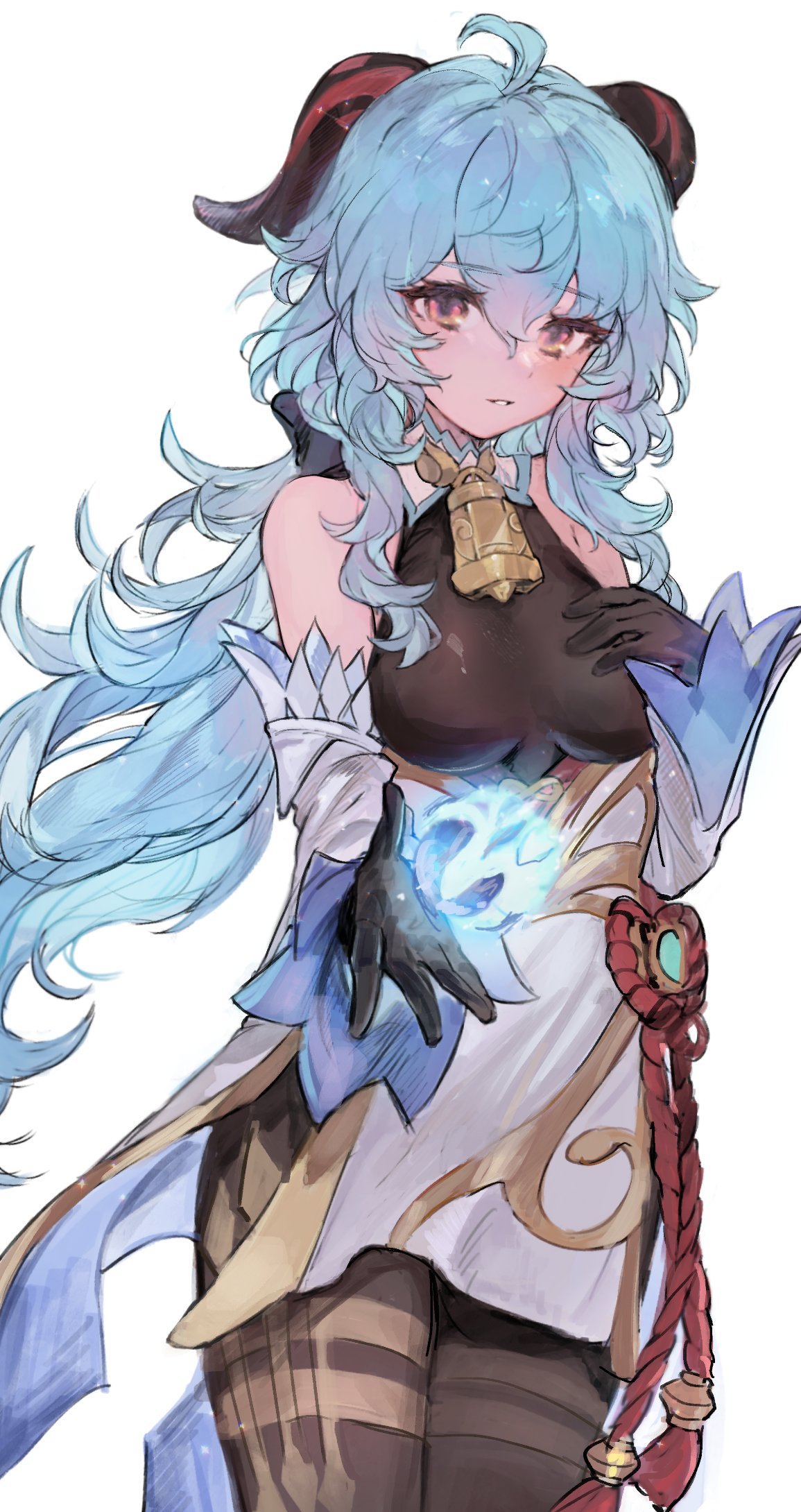 1girl, ahoge, bell, black_bow, black_gloves, black_leotard, blush, bow, breasts, brown_legwear, commentary, cowbell, cowboy_shot, detached_collar, detached_sleeves, eyebrows_visible_through_hair, eyelashes, flower_knot, ganyu_(genshin_impact), genshin_impact, gloves, goat_horns, gold_trim, hair_between_eyes, hair_bow, hand_on_own_chest, highres, horns, leotard, light_blue_hair, long_hair, looking_at_viewer, magic, medium_breasts, neck_bell, orange_eyes, pantyhose, parted_lips, pelvic_curtain, ponytail, rope, simple_background, skin_tight, smile, solo, urosu_(678_ner), vision_(genshin_impact), wavy_hair, white_background