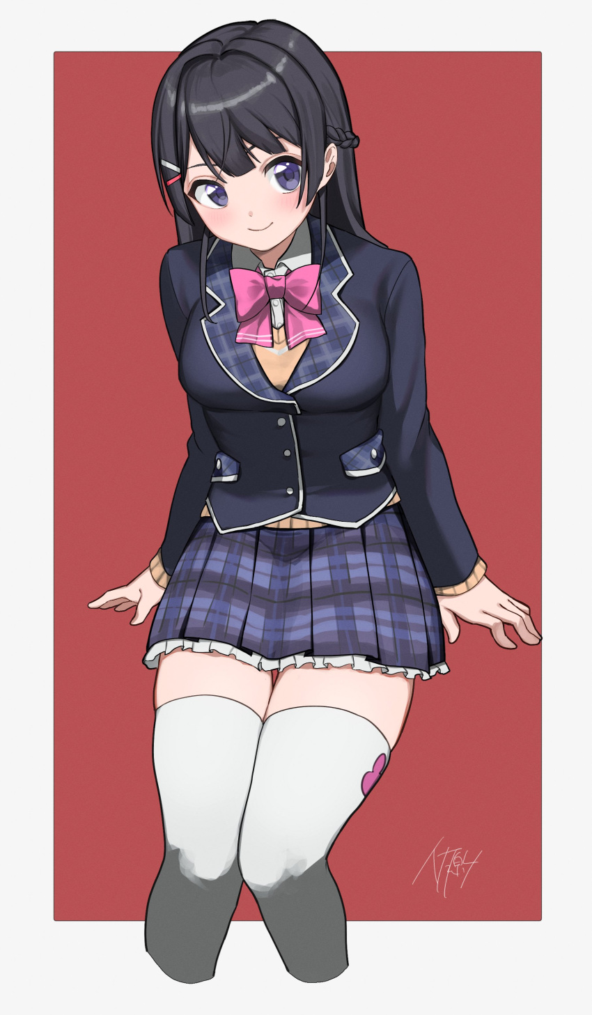 1girl, absurdres, black_hair, black_jacket, blazer, blue_eyes, blue_skirt, blush