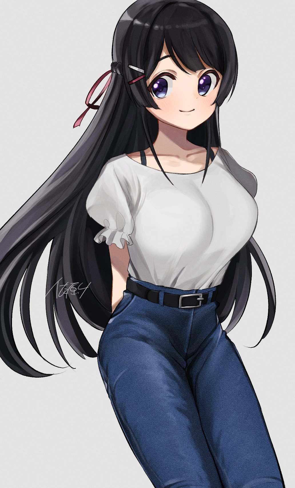 1girl, alternate_costume, arms_behind_back, bangs, belt, black_belt, black_hair, blue_eyes, blue_pants, blush, bra_strap, braid, breasts, casual, closed_mouth, collarbone, commentary, denim, feet_out_of_frame, french_braid, frilled_sleeves, frills, grey_background, hair_ornament, hair_ribbon, hairclip, highres, jeans, long_hair, looking_to_the_side, medium_breasts, nijisanji, pants, puffy_short_sleeves, puffy_sleeves, red_ribbon, ribbon, sahara, shirt, shirt_tucked_in, short_sleeves, signature, simple_background, smile, solo, straight_hair, swept_bangs, tsukino_mito, virtual_youtuber, white_shirt