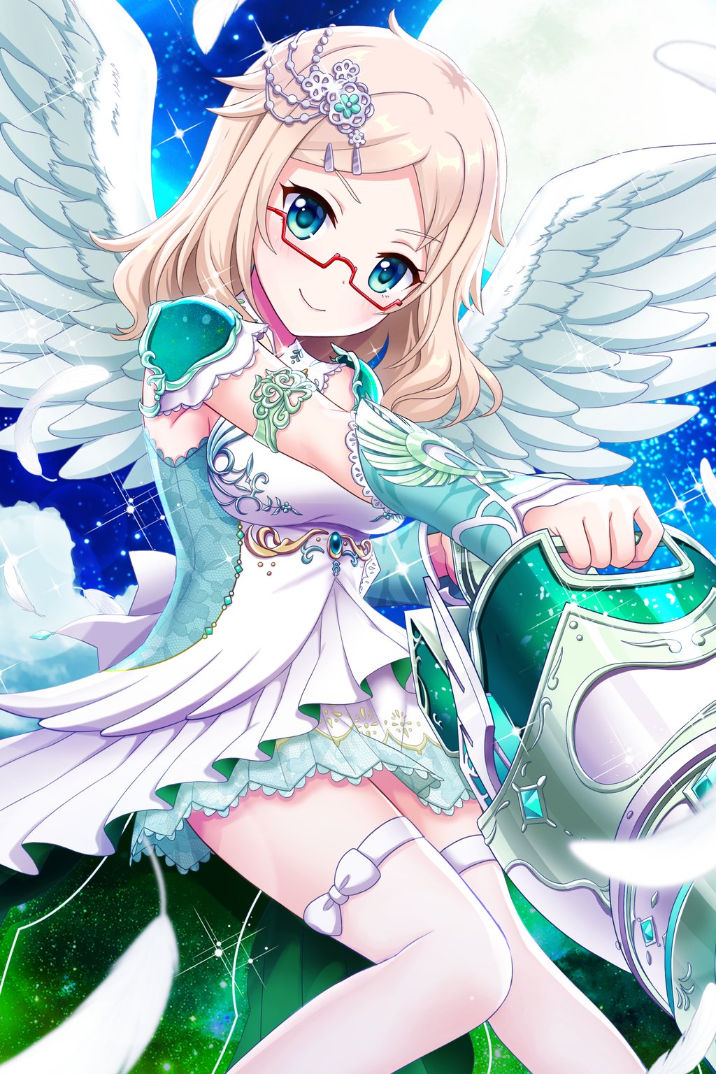 1girl, alternative_girls, angel_wings, blonde_hair, blue_eyes, closed_mouth, dress, eyebrows_visible_through_hair