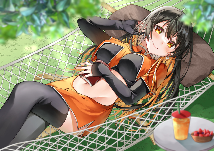 1girl, absurdres, black_hair, black_legwear, black_shirt, book, borrowed_character, breasts