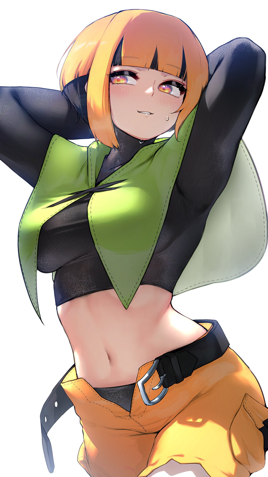1girl, arms_behind_head, arms_up, belt, black_belt, black_hair, black_shirt, blush