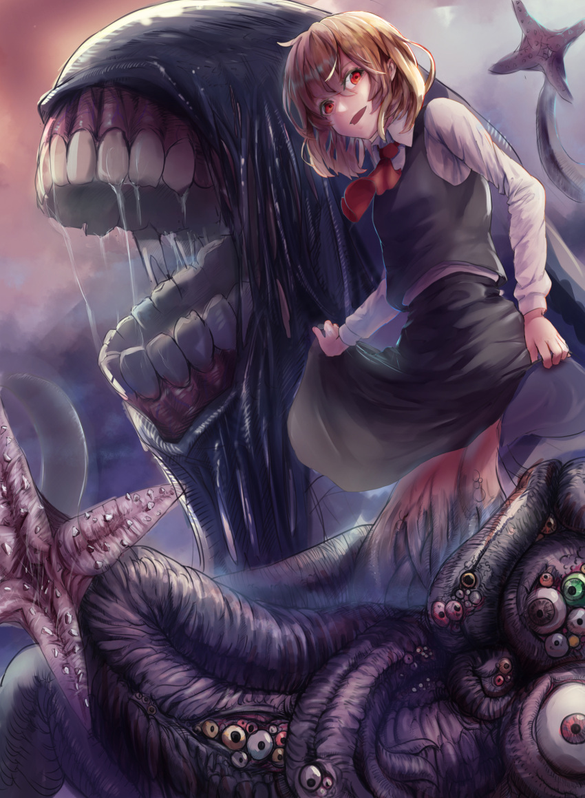 1girl, ascot, asllapistone, bangs, beads, black_skirt, black_vest, blonde_hair