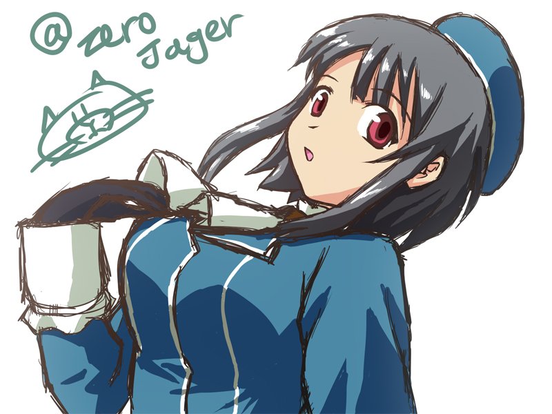 1girl, arm_under_breasts, bangs, beret, black_gloves, black_hair, blue_headwear, breasts