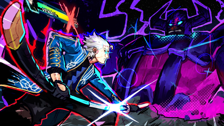 2boys, aura, battle, blue_eyes, clenched_teeth, devil_may_cry_(series), devil_may_cry_3, fantastic_four, galactus, gameplay_mechanics, giant, glowing, glowing_eyes, health_bar, helmet, highres, kainonaut, lens_flare, marvel, marvel_vs._capcom, marvel_vs._capcom_3, multiple_boys, serious, sheath, silver_hair, sword, teeth, unsheathing, vergil_(devil_may_cry), weapon, yamato_(sword)