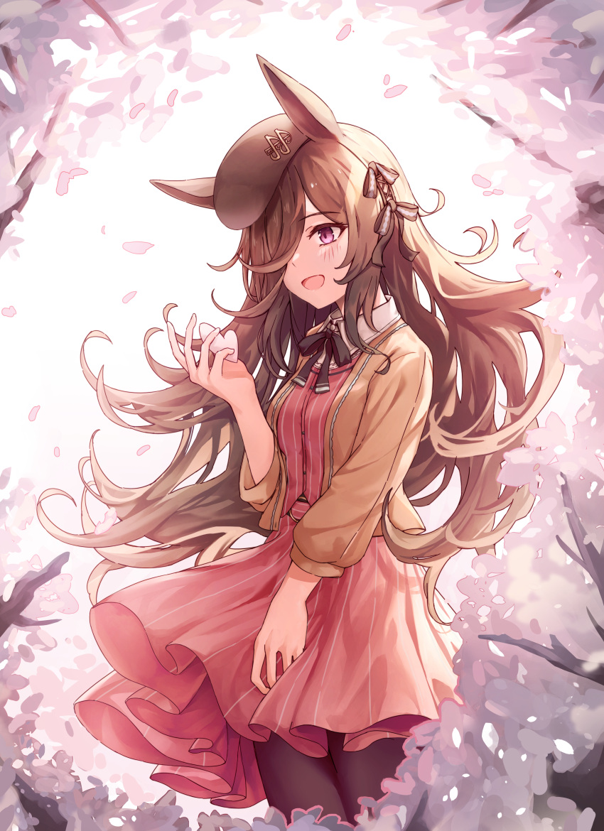 1girl, absurdres, animal_ears, black_headwear, blush, bneoul, brown_hair, hair_over_one_eye