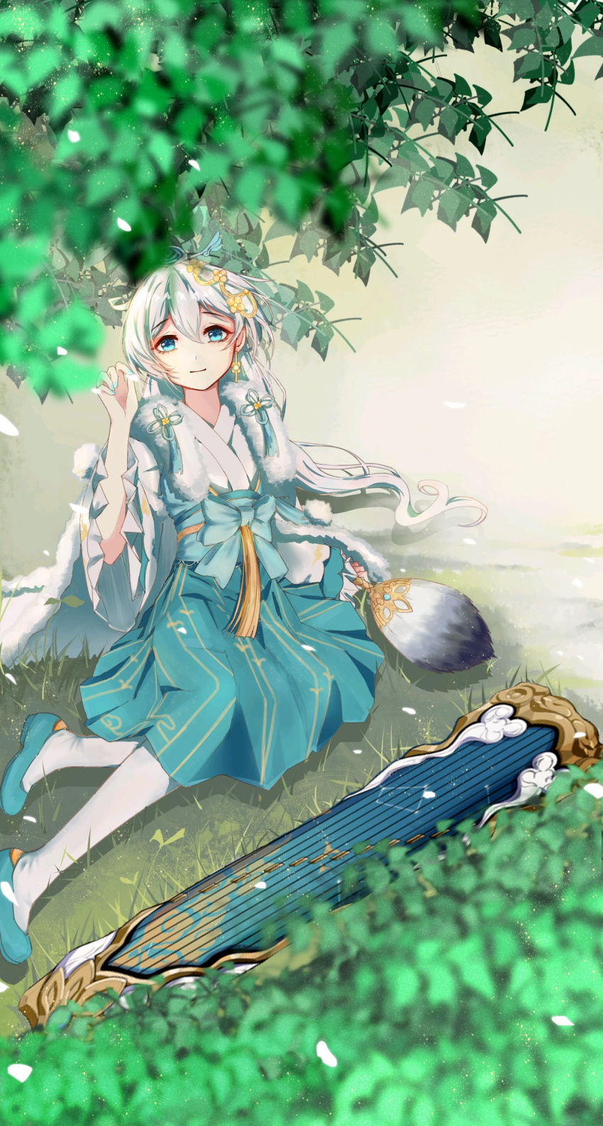 1girl, absurdres, artist_request, bad_link, bangs, blue_eyes, blue_footwear, blurry