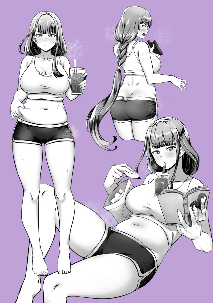 1girl, absurdres, ass, barefoot, blush, bonz_(bonz0616), book, breasts, chips, chocolate, drinking, feet, food, genshin_impact, highres, long_hair, mole, monochrome, plump, raiden_shogun, short_shorts, shorts, soda, sports_bra