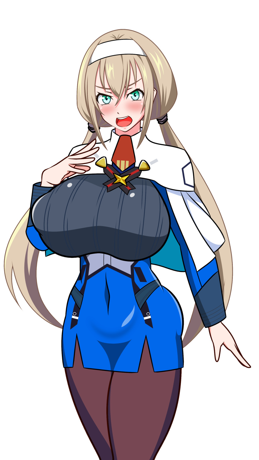 1girl, absurdres, angry, black_legwear, blonde_hair, blue_dress, blush, breasts