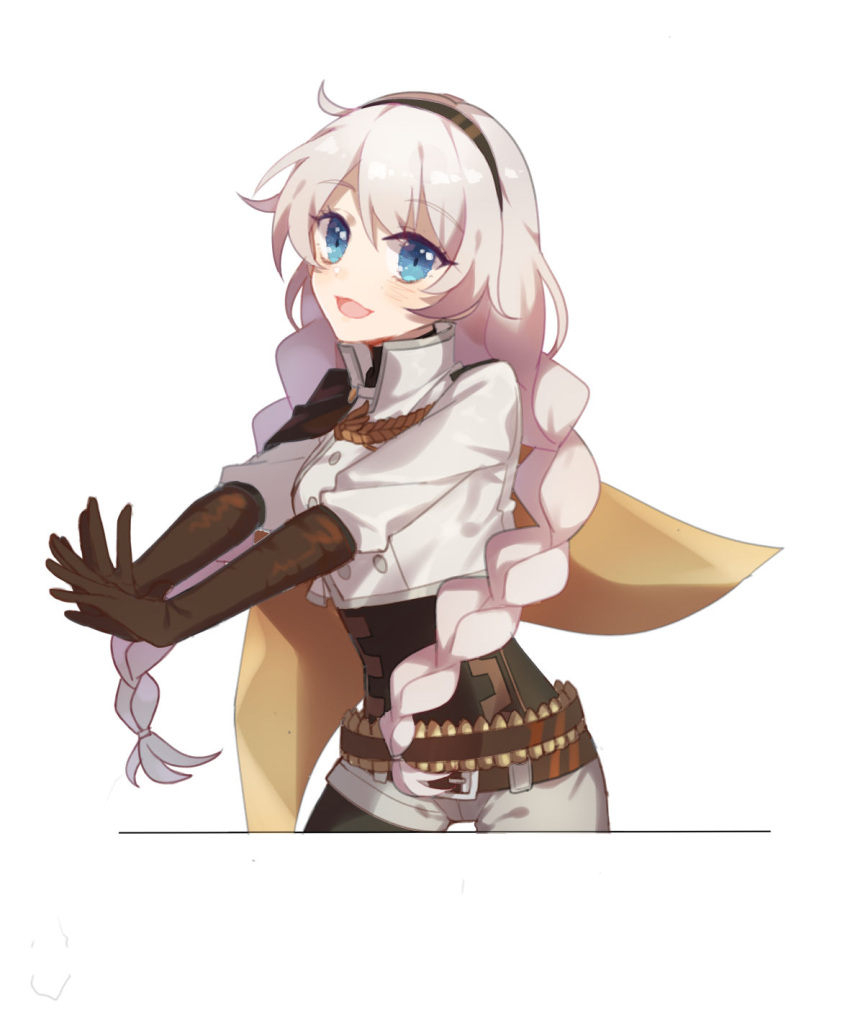 1girl, :d, ammunition_belt, bangs, belt, belt_buckle, blue_eyes, boots
