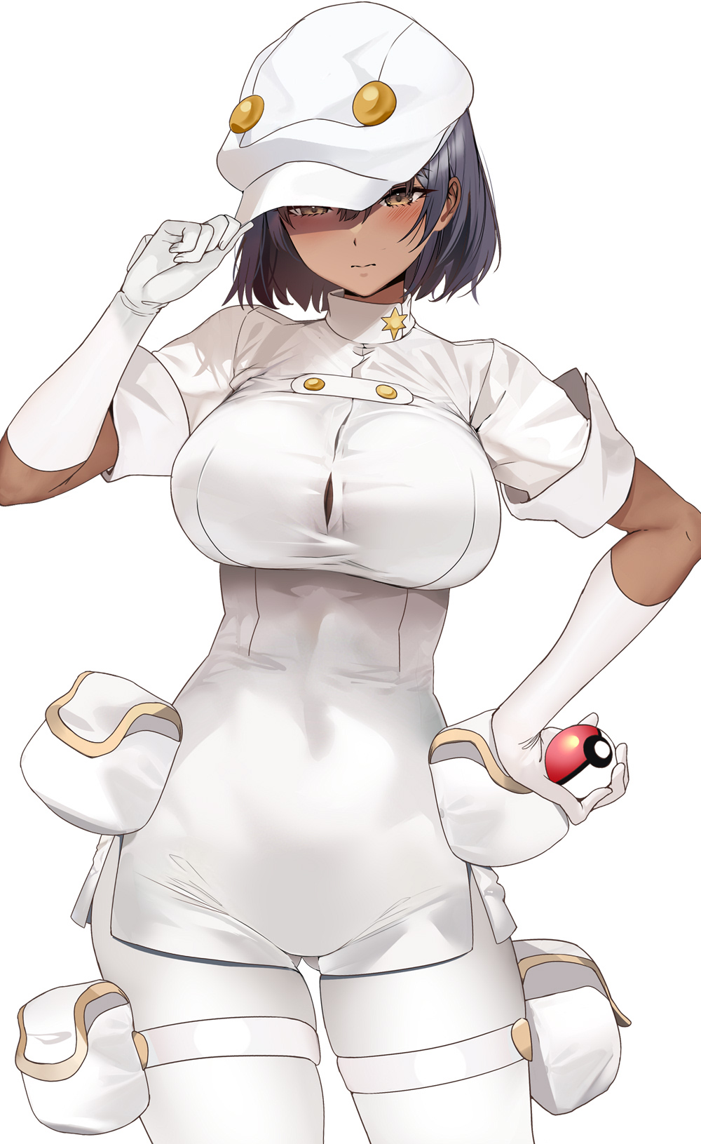 1girl, aether_foundation_employee, aether_foundation_uniform, black_hair, blush, bodysuit, breasts, collar