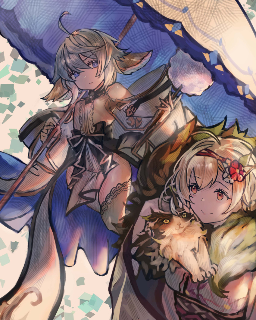 3girls, :3, absurdres, ahoge, bangs, blonde_hair, blue_eyes, detached_sleeves, djeeta_(granblue_fantasy), ewiyar_(cat)_(granblue_fantasy), granblue_fantasy, hairband, highres, japanese_clothes, kimono, multiple_girls, realpha, red_eyes, short_hair, silver_hair, smile, umbrella, wamdus, wide_sleeves, yellow_eyes