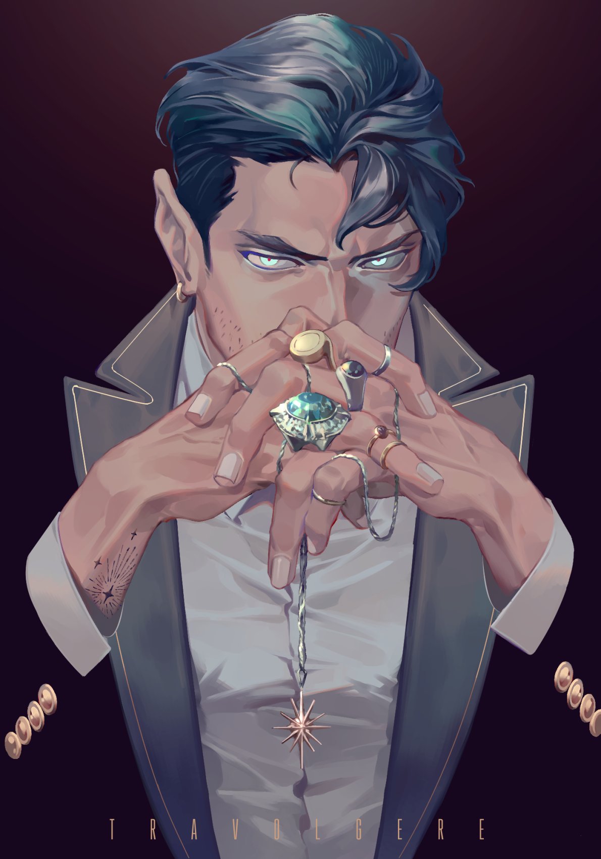 1boy, aqua_eyes, arm_tattoo, black_hair, black_jacket, earrings, highres, holding, holding_jewelry, holding_necklace, jacket, jewelry, jewelry_removed, looking_at_viewer, male_focus, multiple_rings, necklace, necklace_removed, open_clothes, open_jacket, original, own_hands_together, reisei_zero, ring, shirt, short_hair, solo, tattoo, upper_body, white_shirt