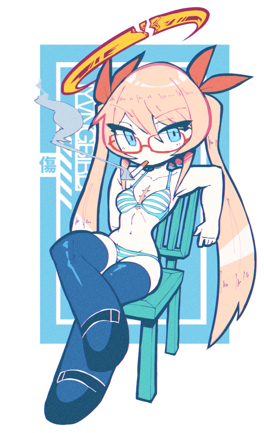 1girl, black_legwear, blue_eyes, bra, broken_halo, chair, cigarette, crossed_legs
