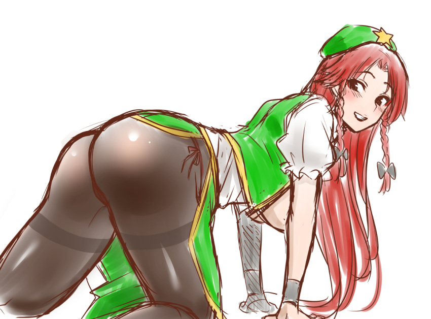 1girl, all_fours, ass, bangs, beret, black_eyes, black_legwear, blush