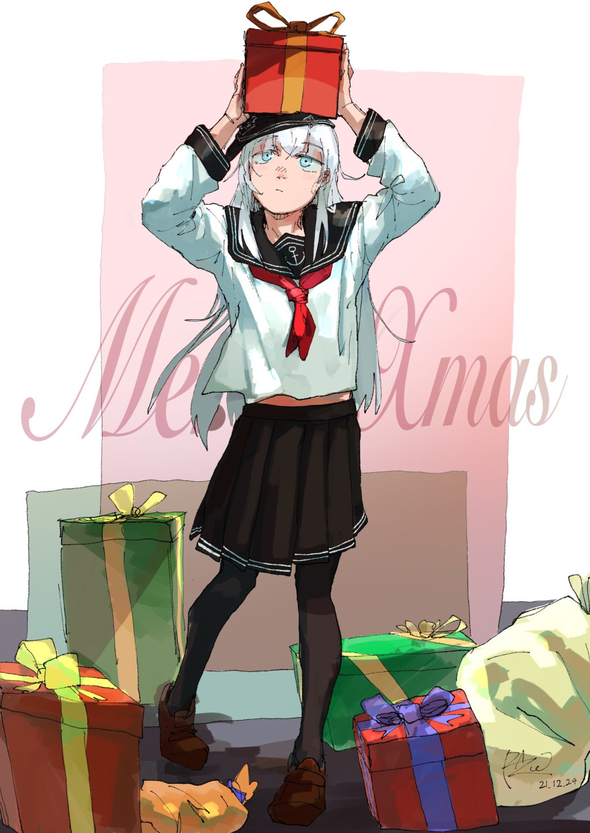 1girl, anchor_symbol, black_legwear, black_sailor_collar, black_skirt, blue_eyes, full_body, gift