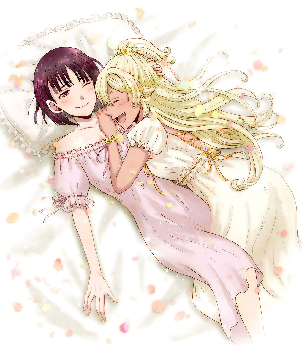 2girls, ^_^, bed, blonde_hair, blush, closed_eyes, fang, hand_on_another's_head, kakegurui, lying, multiple_girls, one_eye_closed, open_mouth, pillow, sasaya, smile, totobami_terano, totobami_yumi
