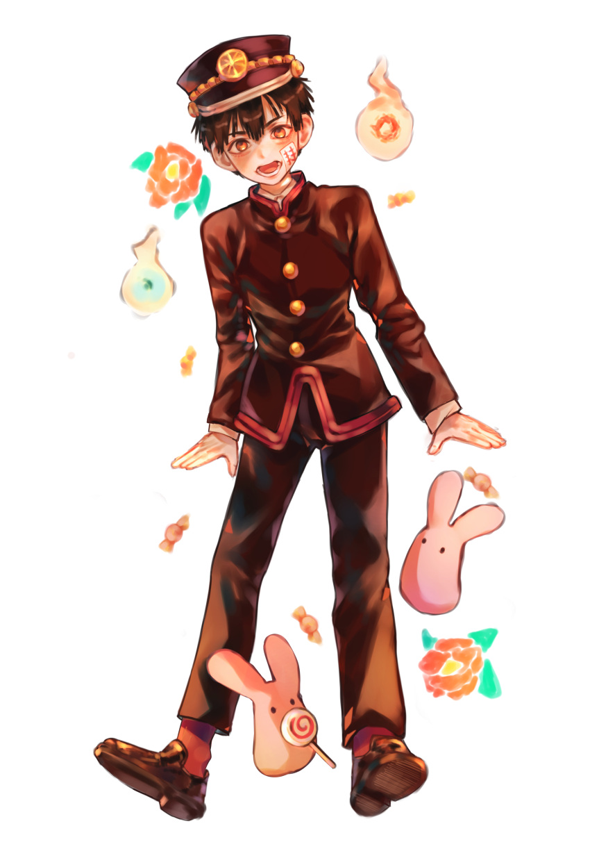 1boy, absurdres, black_footwear, black_pants, gakuran, hanako_(jibaku_shounen_hanako-kun), hat, highres