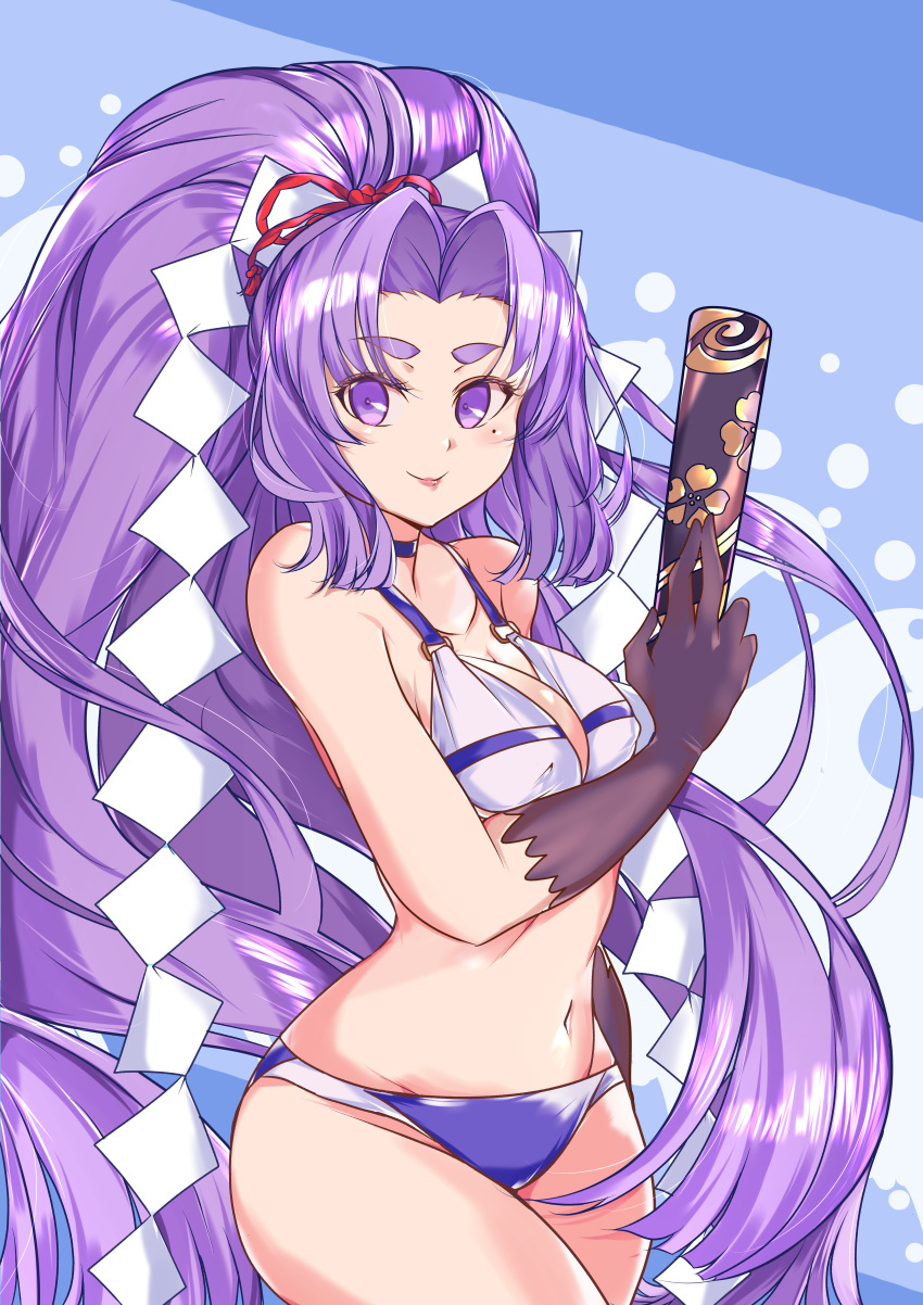 1girl, absurdres, bikini, black_gloves, breasts, closed_fan, commentary_request, cowboy_shot