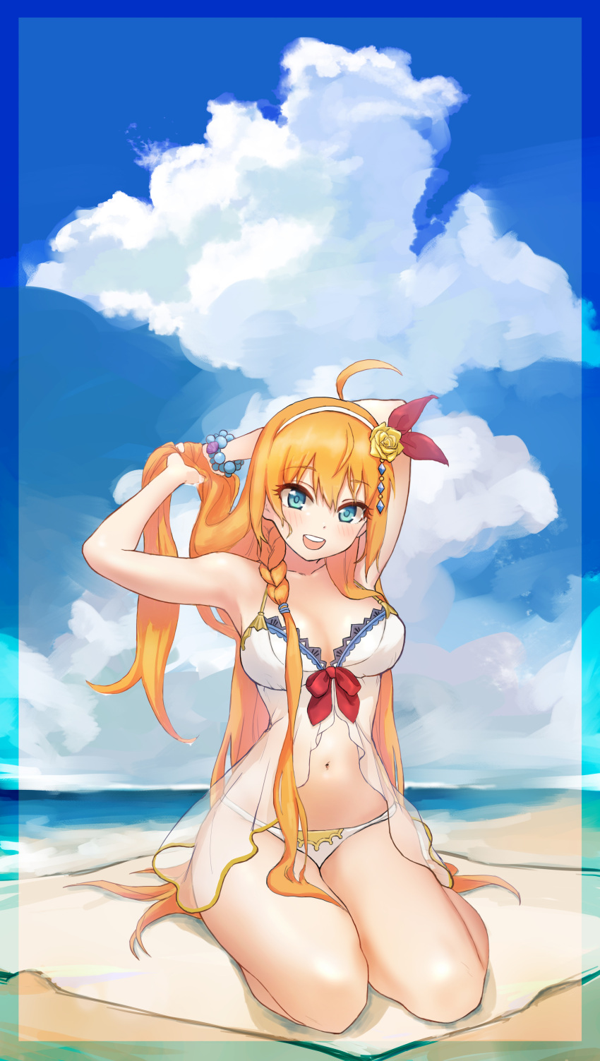 1girl, absurdres, ahoge, arikacoco, arms_up, bare_shoulders, bead_bracelet, beads