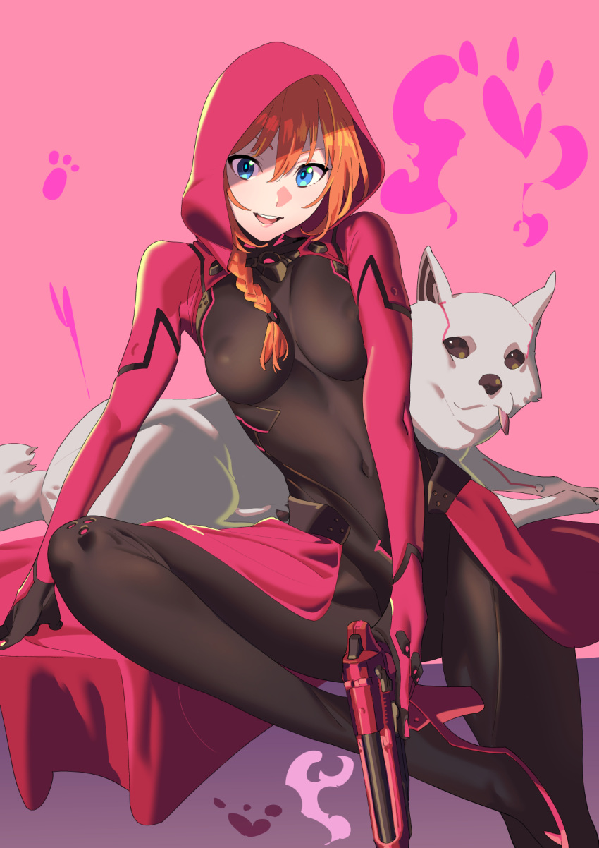 1girl, :d, beretta_92, blue_eyes, bodysuit, braid, breasts, commentary_request