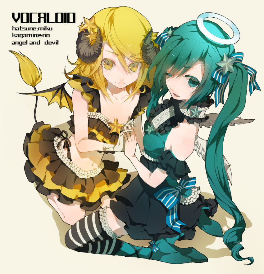 cleavage, hatsune_miku, horns, kagamine_rin, macco, popokuri, tail, thigh-highs