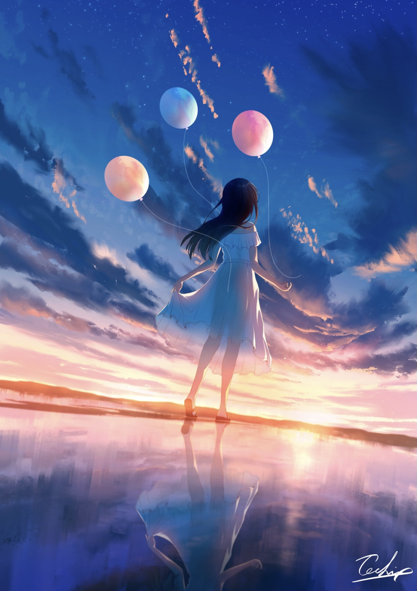 1girl, balloon, black_footwear, black_hair, blue_sky, clothes_lift, clouds, cloudy_sky
