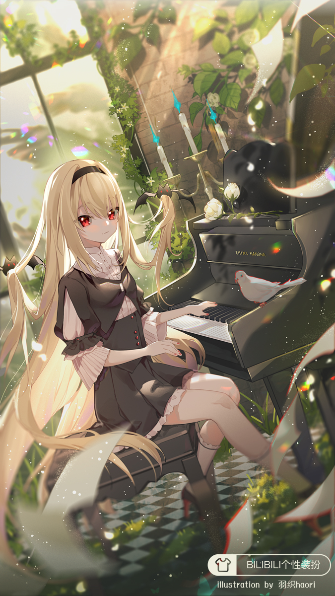 1girl, animal, artist_name, bangs, bat_hair_ornament, bird, black_corset, black_footwear, black_hairband, black_skirt, blonde_hair, blue_fire, blurry, blurry_foreground, blush, breasts, buttons, candle, candlestand, checkered_floor, chromatic_aberration, closed_mouth, commentary_request, corset, eyebrows_visible_through_hair, fire, floating_hair, flower, flying_paper, frilled_legwear, frilled_skirt, frilled_sleeves, frills, hair_between_eyes, hair_ornament, hairband, hands_up, high_heels, highres, indie_virtual_youtuber, indoors, instrument, leaf, long_hair, looking_at_viewer, nail_polish, paper, piano, piano_bench, plant, red_eyes, red_nails, shiina_nanoha, shirt, sitting, skirt, small_breasts, socks, solo, very_long_hair, vines, white_flower, white_legwear, white_shirt, window, yuzhi