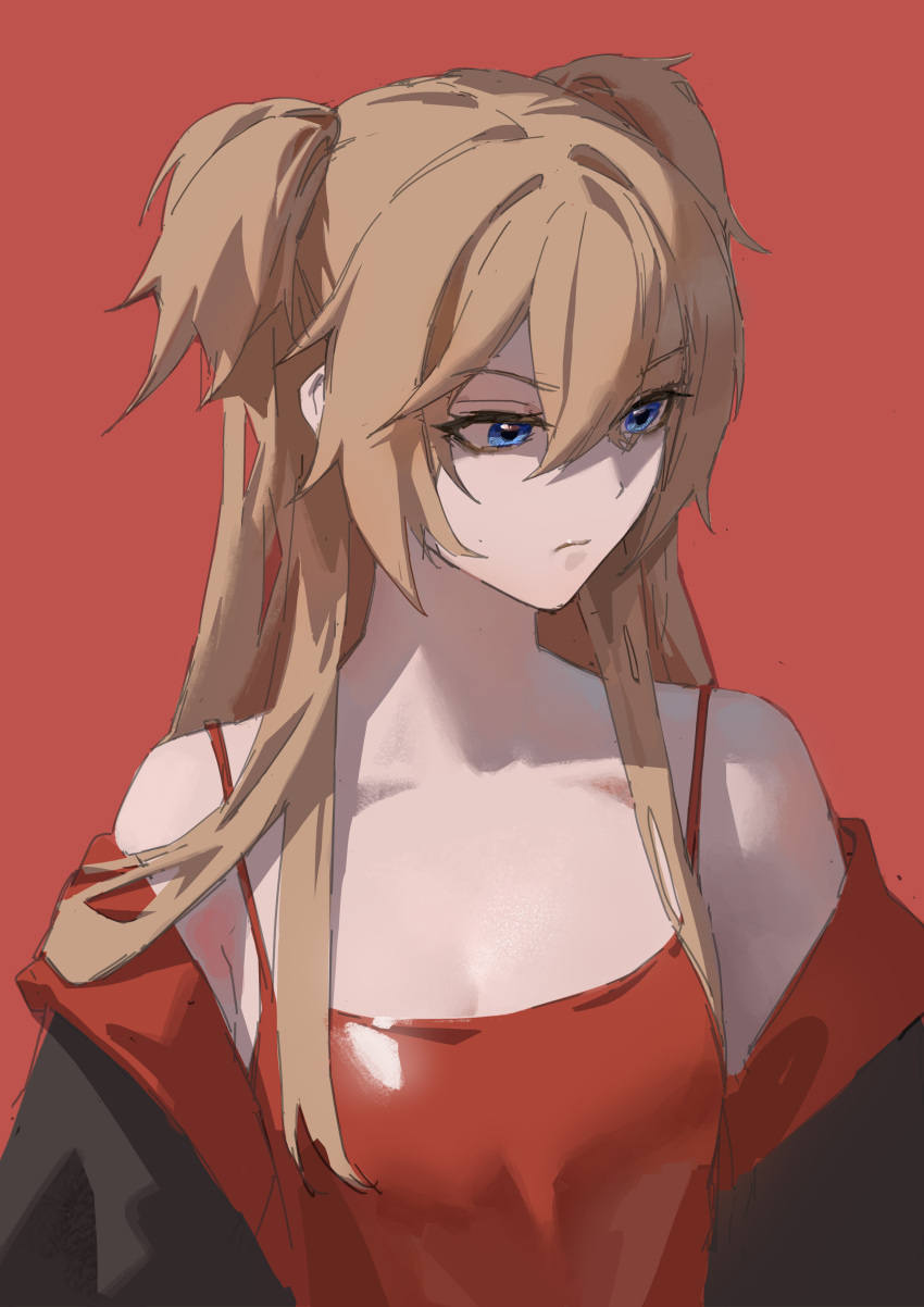 1girl, absurdres, bangs, bare_shoulders, blue_eyes, brown_hair, camisole, closed_mouth, collarbone, eyebrows_visible_through_hair, hair_between_eyes, highres, l.j., long_hair, looking_away, looking_to_the_side, neon_genesis_evangelion, off_shoulder, open_clothes, shaded_face, solo, souryuu_asuka_langley, two_side_up, v-shaped_eyebrows