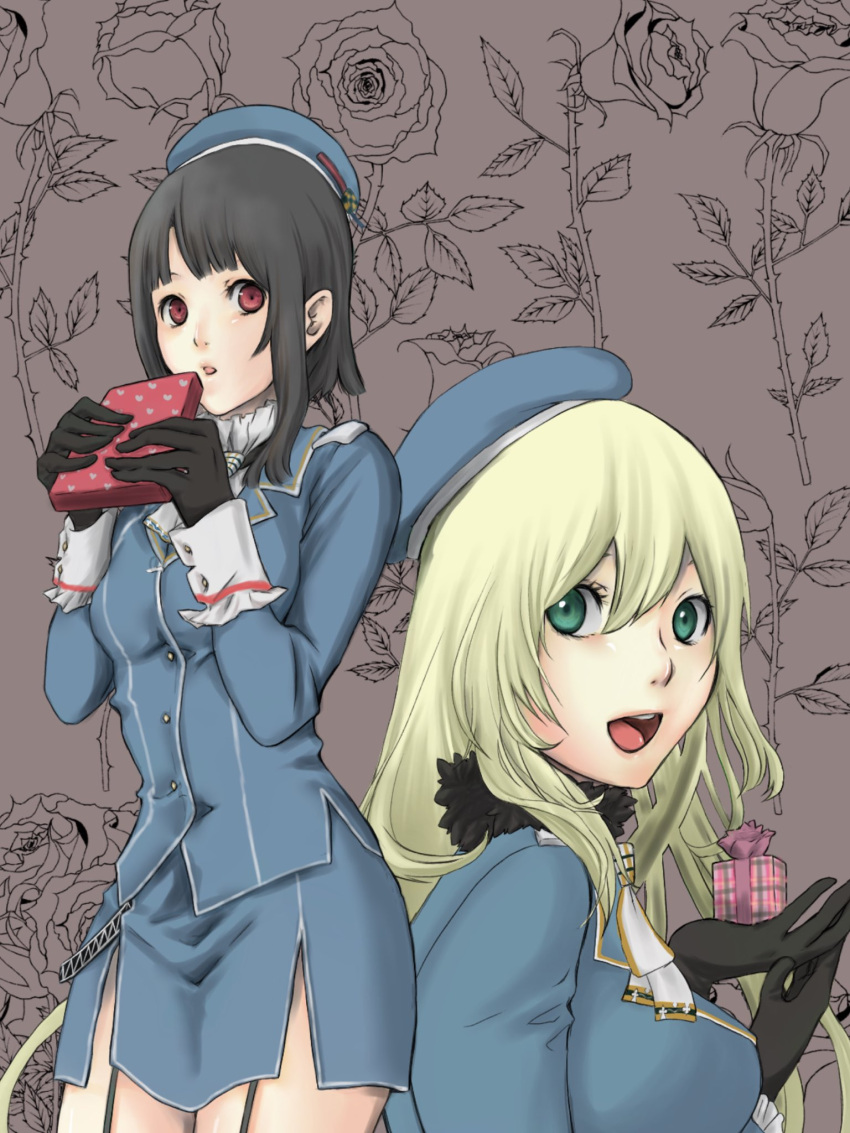 2girls, atago_(kantai_collection), beret, black_gloves, black_hair, blonde_hair, blue_hat, blush, breast_grab, breasts, building, closed_eyes, denim, eyebrows, eyebrows_visible_through_hair, frilled_cuffs, fur_collar, fur_trim, gloves, grabbing, grabbing_from_behind, hat, hatukanesumi, jeans, kantai_collection, large_breasts, long_hair, long_sleeves, military, military_uniform, multiple_girls, necktie, nose_blush, open_mouth, outdoors, pants, plant, potted_plant, red_eyes, round_teeth, short_hair, takao_(kantai_collection), teeth, uniform, upper_body, white_necktie, wince, wrist_cuffs, yuri