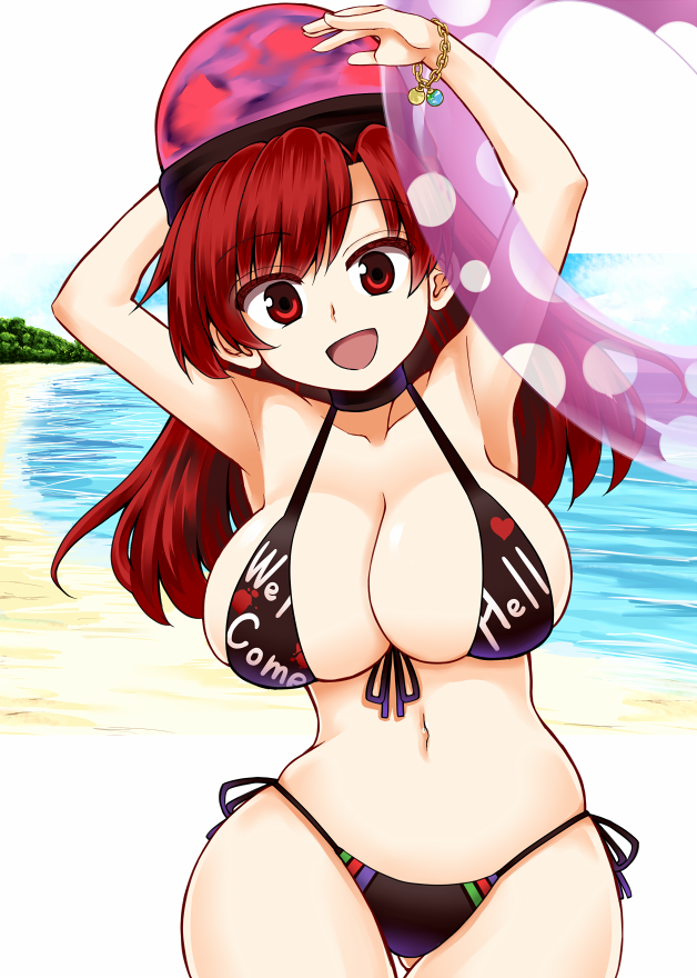 1girl, bangs, beach, bikini, black_bikini, breasts, chain, clothes_writing