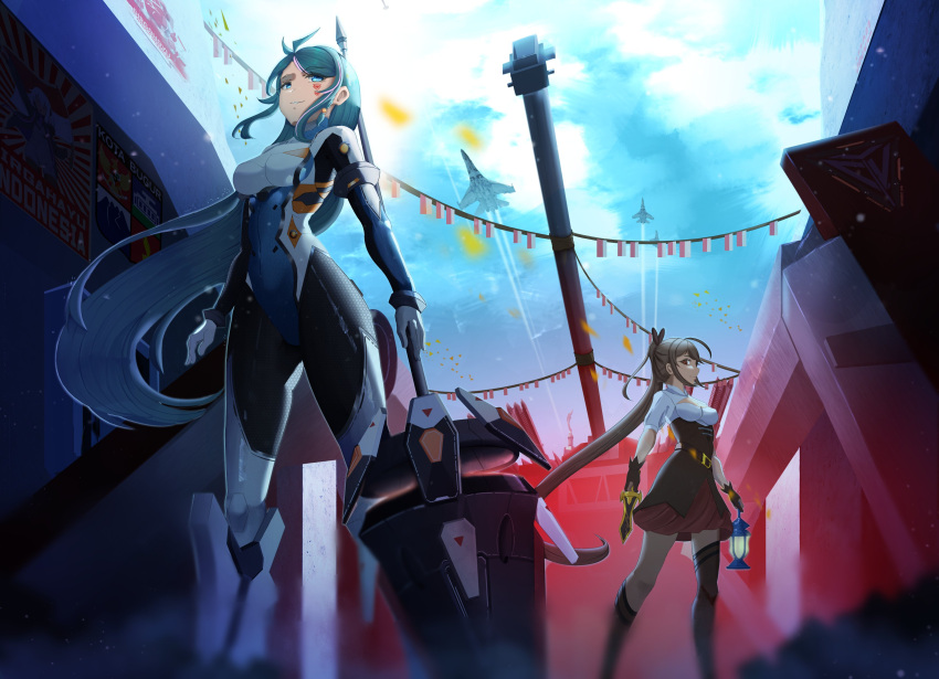 2girls, absurdres, artknight045, azura_cecillia, bangs, black_skirt, blue_hair, breasts, cleavage_cutout, clothing_cutout, english_commentary, feather_hair_ornament, feathers, floating_hair, hair_ornament, high-waist_skirt, highres, holding, holding_knife, holding_polearm, holding_weapon, hololive, hololive_english, indonesian_flag, knife, lantern, long_hair, looking_up, medium_breasts, multiple_girls, nanashi_mumei, nijisanji, nijisanji_id, pilot_suit, polearm, ponytail, shirt, skirt, smile, string_of_flags, very_long_hair, virtual_youtuber, weapon, white_shirt