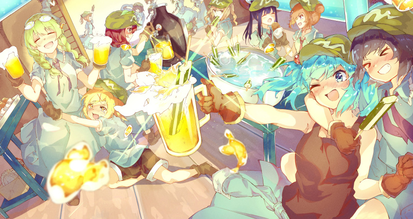 >_<, 6+girls, :q, ;d, absurdres, alcohol, bangs, beer