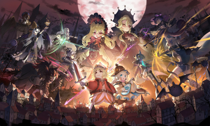 6+girls, :d, animal_ears, bat, black_dress, black_shirt, black_skirt, blonde_hair