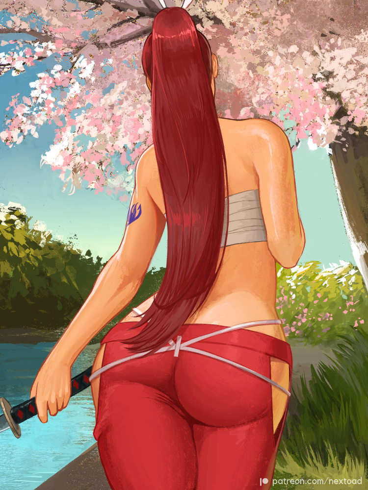 1girl, arm_tattoo, ass, back, bush, cherry_blossoms, chest_sarashi, erza_scarlet