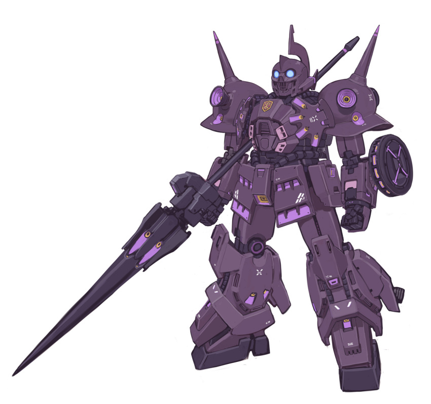 blue_eyes, clenched_hand, den'an_zon, gundam, gundam_f91, holding, holding_polearm, holding_weapon
