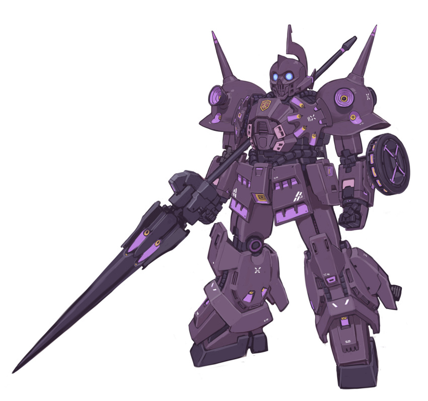 blue_eyes, clenched_hand, den'an_zon, gundam, gundam_f91, holding, holding_polearm, holding_weapon, kuroboshi_kouhaku, looking_ahead, mecha, mobile_suit, no_humans, polearm, science_fiction, shoulder_spikes, solo, spikes, thrusters, weapon, white_background