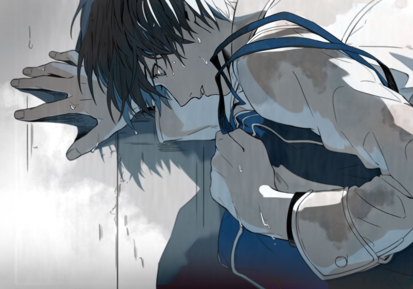 1boy, absurdres, bag, bookbag, brown_hair, death_note, hand_on_wall, highres