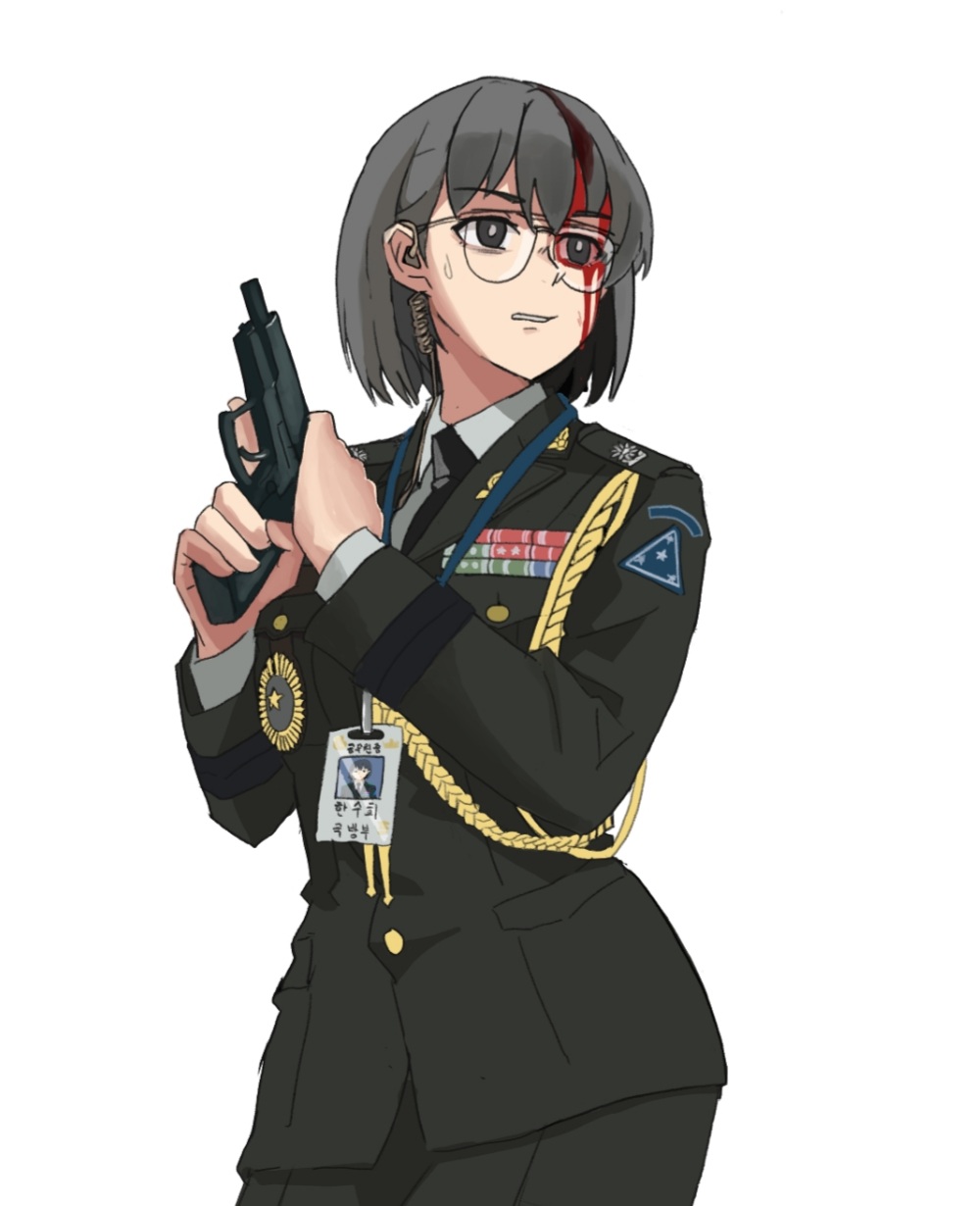 1girl, aiguillette, bangs, black_eyes, black_hair, black_necktie, blood, blood_on_face