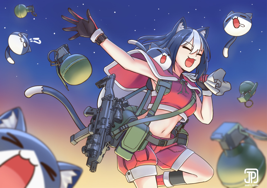 >_<, 1girl, animal_ears, cat_ears, cat_tail, christmas, explosive, gloves