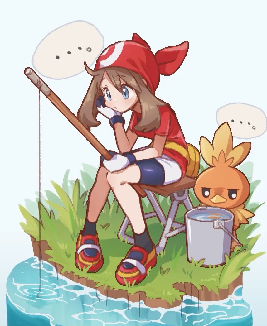 ..., 1girl, bangs, bike_shorts, black_legwear, brown_hair, bucket, closed_mouth, commentary_request, eyelashes, fishing, fishing_rod, gloves, grass, grey_eyes, head_rest, hiisu_(s-1104-d), holding, holding_fishing_rod, may_(pokemon), pigeon-toed, pokemon, pokemon_(creature), pokemon_(game), pokemon_rse, red_bandana, red_footwear, red_shirt, shirt, shoes, short_sleeves, sitting, skirt, socks, spoken_ellipsis, stool, torchic, water, white_skirt