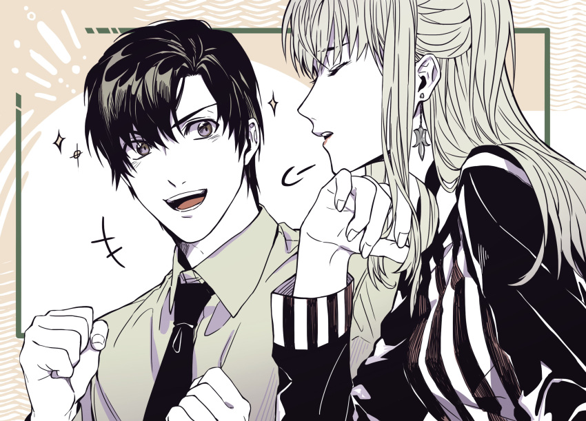 1boy, 1girl, :d, amane_misa, blonde_hair, clenched_hand, closed_eyes, death_note