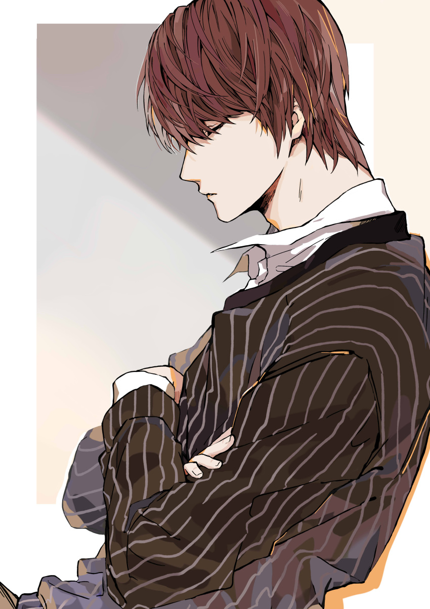 1boy, absurdres, bowl_cut, brown_hair, closed_eyes, crossed_arms, death_note, highres